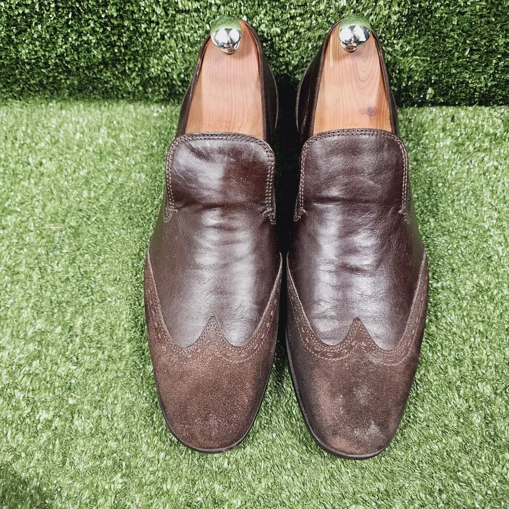 Hugo Boss Brogue Brown Leather Slip On Dress Loafer Shoes Mens Size 44 US 11
